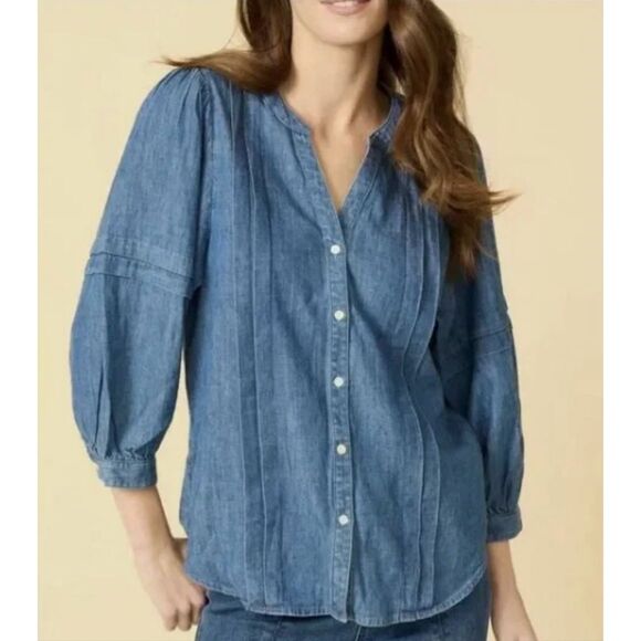 J. McLaughlin Laramie Linen Blend Chambray Balloon Sleeve Blouse Blue Size L - Picture 1 of 12